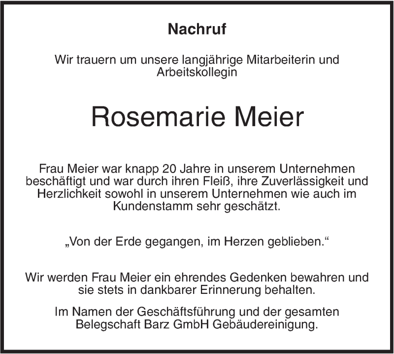  Traueranzeige für Rosemarie Meier vom 05.01.2019 aus SÜDWEST PRESSE Ausgabe Ulm/Neu-Ulm