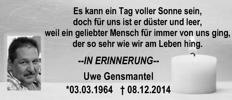  Traueranzeige für Uwe Gensmantel vom 08.12.2018 aus NWZ Neue Württembergische Zeitung