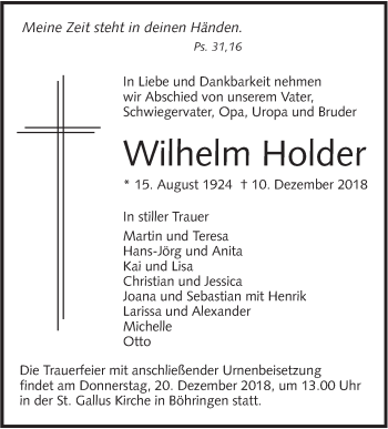 Traueranzeige von Wilhelm Holder von Alb-Bote/Metzinger-Uracher Volksblatt