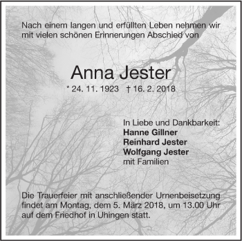 Traueranzeige von Anna-Maria Jester von NWZ Neue Württembergische Zeitung