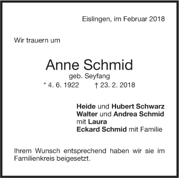 Traueranzeige von Anne Schmid von NWZ Neue Württembergische Zeitung
