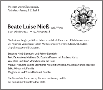 Traueranzeige von Beate Luise Nieß von SÜDWEST PRESSE Ausgabe Ulm/Neu-Ulm