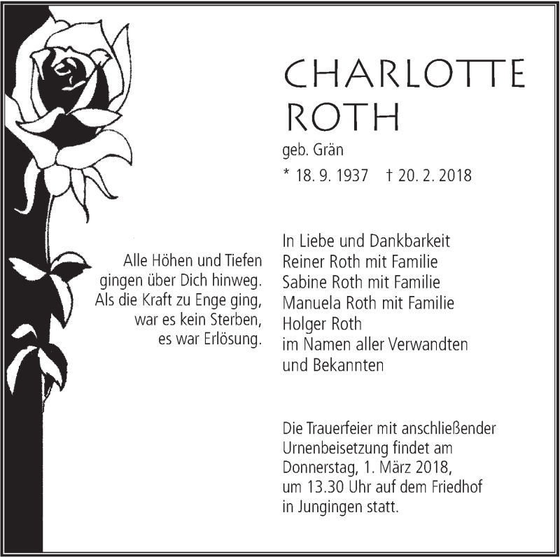  Traueranzeige für Charlotte Roth vom 24.02.2018 aus SÜDWEST PRESSE Ausgabe Ulm/Neu-Ulm