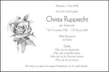 Traueranzeige von Christa Rupprecht von Metzinger-Uracher Volksblatt