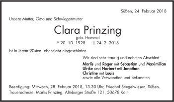 Traueranzeige von Clara Prinzing von NWZ Neue Württembergische Zeitung