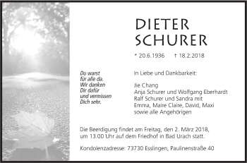 Traueranzeige von Dieter Schurer von Metzinger-Uracher Volksblatt