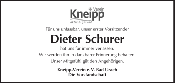 Traueranzeige von Dieter Schurer von Metzinger-Uracher Volksblatt