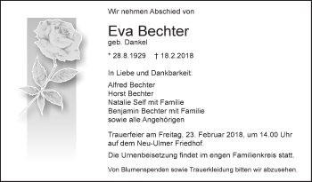 Traueranzeige von Eva Bechter von SÜDWEST PRESSE Ausgabe Ulm/Neu-Ulm