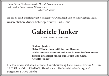 Traueranzeige von Gabriele Junker von Haller Tagblatt
