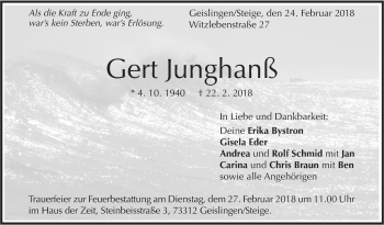 Traueranzeige von Gert Junghanß von Geislinger Zeitung