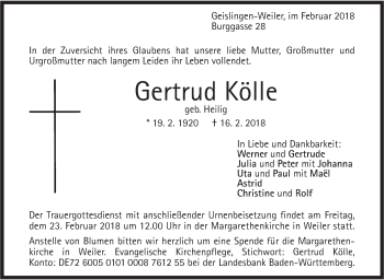 Traueranzeige von Gertrud Kölle von Geislinger Zeitung