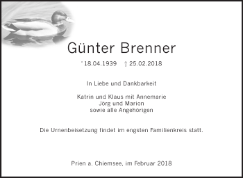 Traueranzeige von Günter Brenner von Geislinger Zeitung