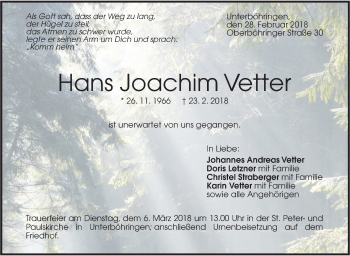 Traueranzeige von Hans Joachim Vetter von Geislinger Zeitung