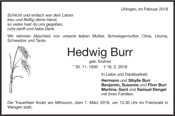 Traueranzeige von Hedwig Burr von NWZ Neue Württembergische Zeitung