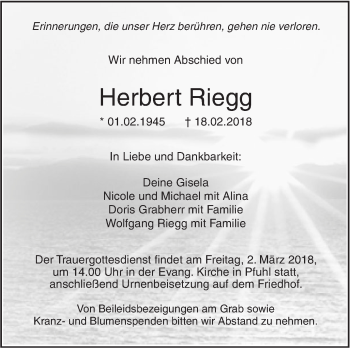 Traueranzeige von Herbert Riegg von SÜDWEST PRESSE Ausgabe Ulm/Neu-Ulm