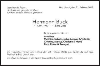 Traueranzeige von Hermann Buck von Metzinger-Uracher Volksblatt