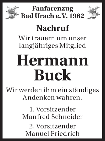 Traueranzeige von Hermann Buck von Metzinger-Uracher Volksblatt
