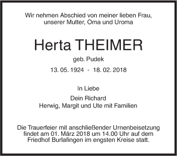 Traueranzeige von Herta Theimer von SÜDWEST PRESSE Ausgabe Ulm/Neu-Ulm