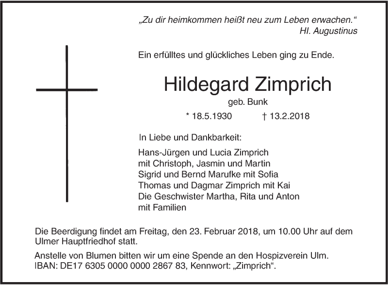 Traueranzeige für Hildegard Zimprich vom 17.02.2018 aus SÜDWEST PRESSE Ausgabe Ulm/Neu-Ulm