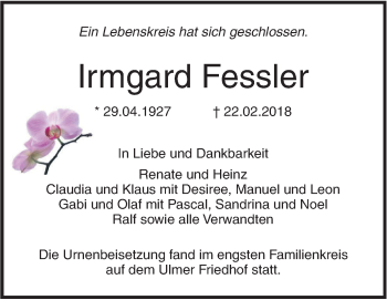 Traueranzeige von Irmgard Fessler von SÜDWEST PRESSE Ausgabe Ulm/Neu-Ulm