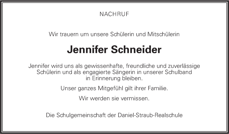  Traueranzeige für Jennifer Schneider vom 02.02.2018 aus Geislinger Zeitung
