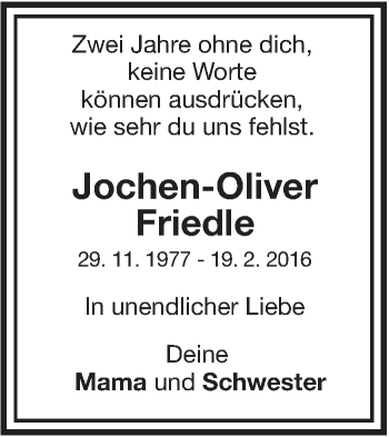 Traueranzeige von Jochen-Oliver Friedle von NWZ Neue Württembergische Zeitung