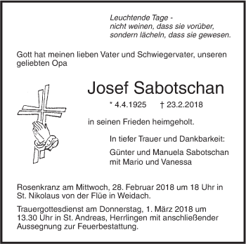 Traueranzeige von Josef Sabotschan von SÜDWEST PRESSE Ausgabe Ulm/Neu-Ulm