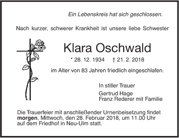 Traueranzeige von Klara Oschwald von SÜDWEST PRESSE Ausgabe Ulm/Neu-Ulm