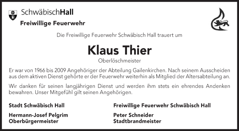  Traueranzeige für Klaus Thier vom 20.02.2018 aus Haller Tagblatt