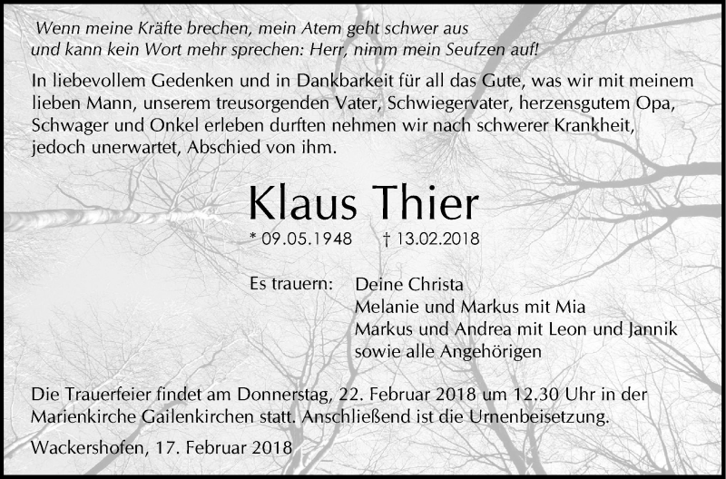  Traueranzeige für Klaus Thier vom 17.02.2018 aus Haller Tagblatt