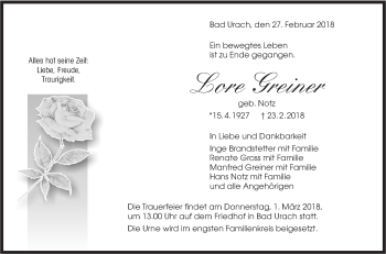 Traueranzeige von Lore Greiner von Metzinger-Uracher Volksblatt