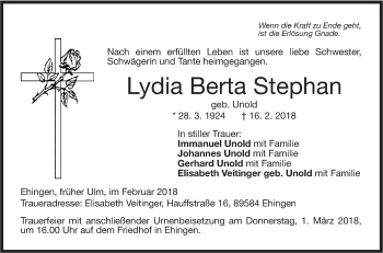 Traueranzeige von Lydia Berta Stephan von SÜDWEST PRESSE Ausgabe Ulm/Neu-Ulm