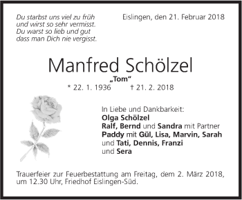 Traueranzeige von Manfred Schölzel von NWZ Neue Württembergische Zeitung
