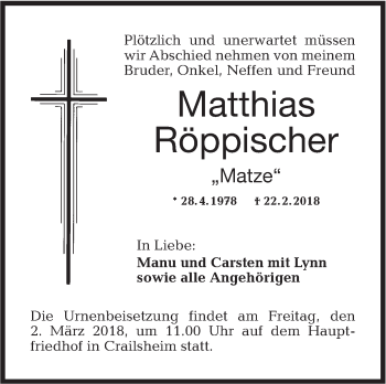 Traueranzeige von Matthias Röppischer von Hohenloher Tagblatt