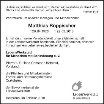 Traueranzeige von Matthias Röppischer von Hohenloher Tagblatt