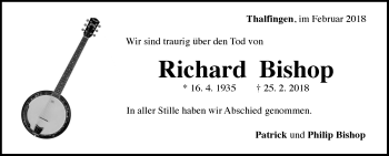 Traueranzeige von Richard Bishop von SÜDWEST PRESSE Ausgabe Ulm/Neu-Ulm