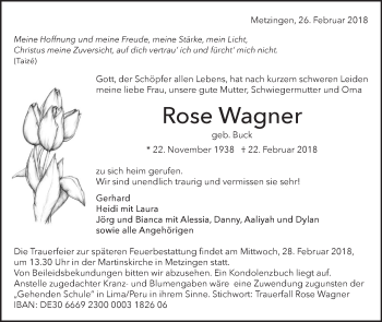 Traueranzeige von Rose Wagner von Metzinger-Uracher Volksblatt