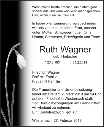 Traueranzeige von Ruth Wagner von Haller Tagblatt