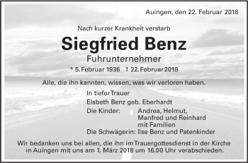 Traueranzeige von Siegfried Benz von Alb-Bote/Metzinger-Uracher Volksblatt