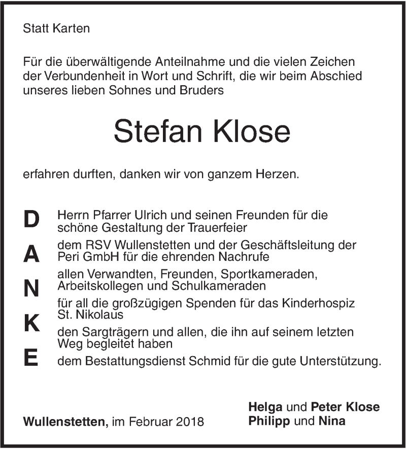  Traueranzeige für Stefan Klose vom 07.02.2018 aus SÜDWEST PRESSE Ausgabe Ulm/Neu-Ulm