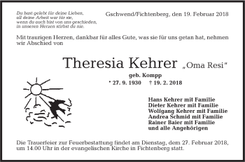 Traueranzeige von Theresia Kehrer von Rundschau Gaildorf