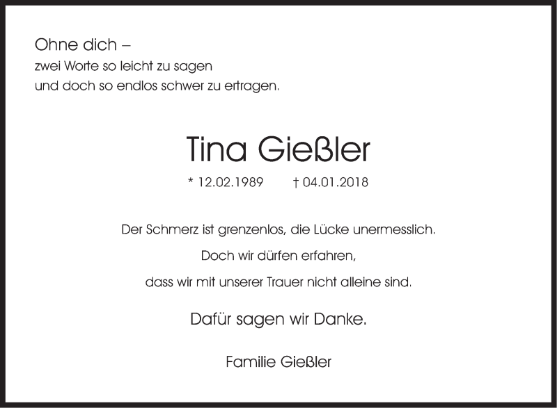  Traueranzeige für Tina Gießler vom 03.02.2018 aus Haller Tagblatt