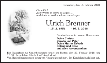 Traueranzeige von Ulrich Brenner von Rundschau Gaildorf