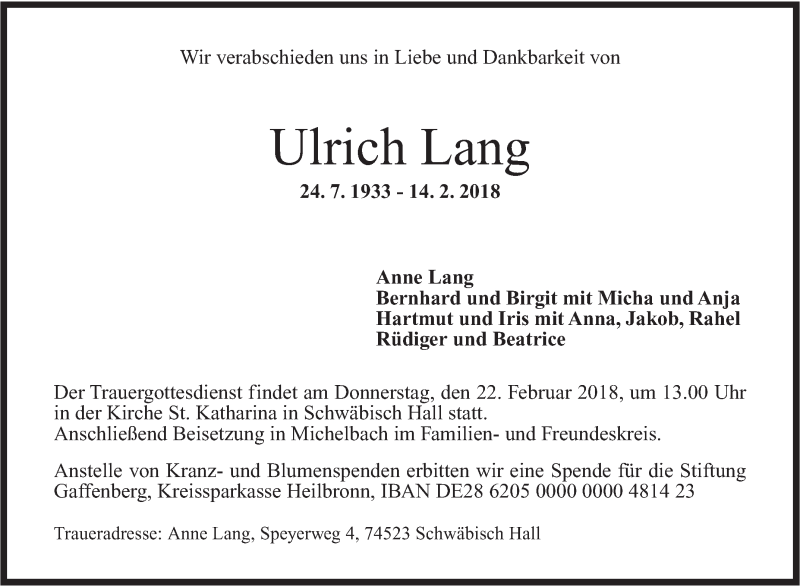  Traueranzeige für Ulrich Lang vom 17.02.2018 aus Haller Tagblatt