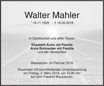 Traueranzeige von Walter Mahler von SÜDWEST PRESSE Ausgabe Ulm/Neu-Ulm