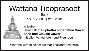 Traueranzeige von Wattana Tieoprasoet von Ehinger Tagblatt