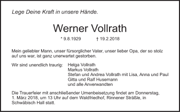 Traueranzeige von Werner Vollrath von Haller Tagblatt