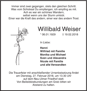 Traueranzeige von Willibald Weiser von SÜDWEST PRESSE Ausgabe Ulm/Neu-Ulm