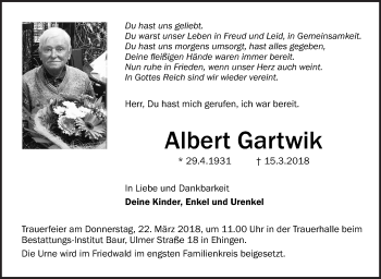 Traueranzeige von Albert Gartwik von Ehinger Tagblatt