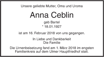 Traueranzeige von Anna Ceblin von SÜDWEST PRESSE Ausgabe Ulm/Neu-Ulm